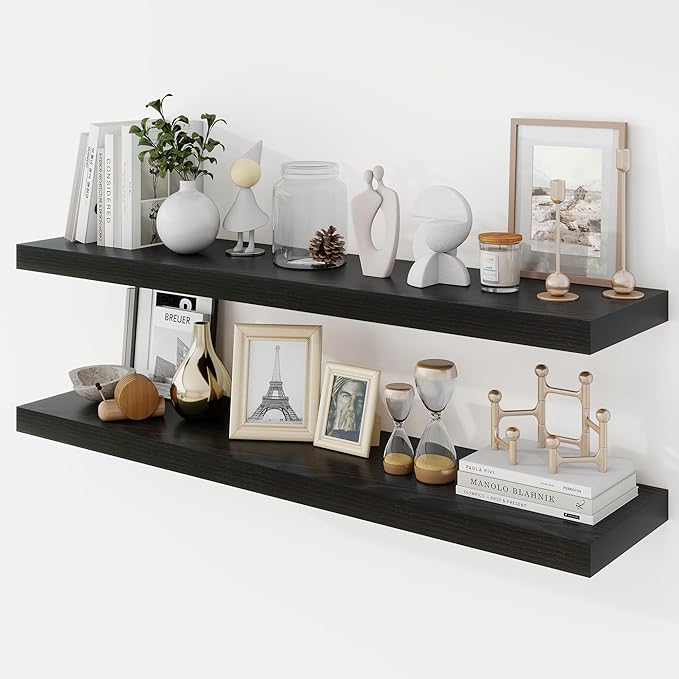 Acovy 40 Inch Floating Shelves, 9.3" Deep Floating Shelf Wall Mounted, 40" Wall Shelves, Rustic Deep Bookshelf, Large Display Shelves & Storage Shelves for Bedroom, Living Room, Black, Set of 2