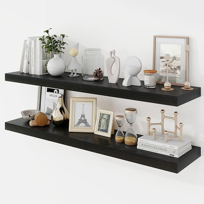 Acovy 40 Inch Floating Shelves, 9.3" Deep Floating Shelf Wall Mounted, 40" Wall Shelves, Rustic Deep Bookshelf, Large Display Shelves & Storage Shelves for Bedroom, Living Room, Black, Set of 2