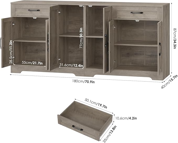 BOTLOG 2PCS Kitchen Cabinets, 71” Large Sideboard Buffet Cabinet with Storage, 72" Tall Pantry Cabinet with Microwave Stand, Wood Coffee Wine Bar Console Table for Kitchen, Dining Room (Ash Gray)