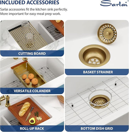 Sarlai 33 Granite Composite Kitchen Sink Double Bowl - 33"x19" White Granite Kitchen Sink Ledge Workstation White Undermount Double Bowl 50/50 Low Divide Quartz Classic Composite Under Counter Basin
