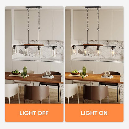 VONLUCE Dining Room Light Fixture Over Table, 4-Light Kitchen Island Lighting with Glass Shade and Adjustable Rods, Farmhouse Linear Chandelier Pendant Light for Kitchen Living Room, Matte Black