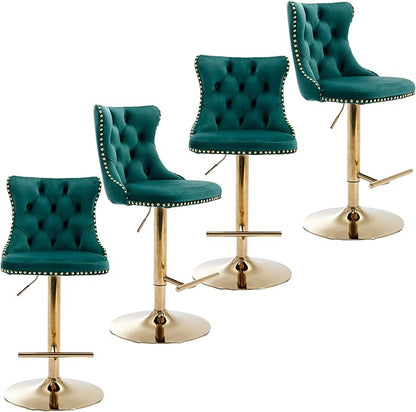 Rhomtree Velvet Swivel Bar Stools Upholstered Bar Stool with Button Tufted Back and Pull Ring Height Adjustable Barstools 25-33 Inch for Home Pub and Kitchen Island (Green with Gold Base, Set of 4)