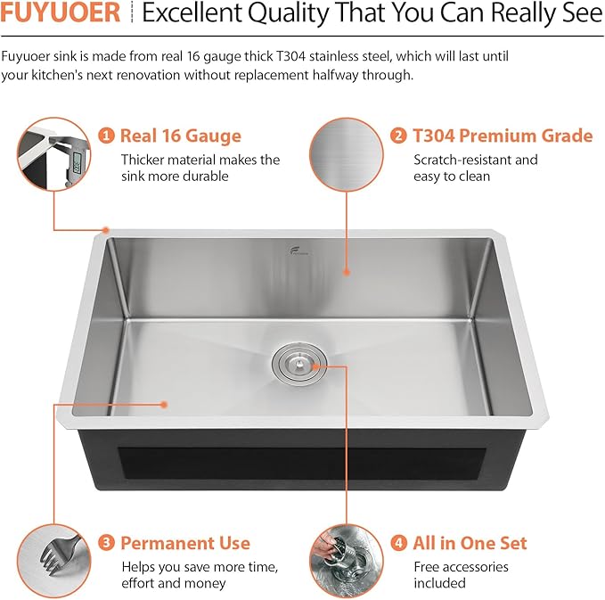 33 Inch Undermount Kitchen Sink - Fuyuoer 33x19 Inch Under Counter 16 Gauge Stainless Steel Single Bowl, 9'' Deep Basin with Round Corners