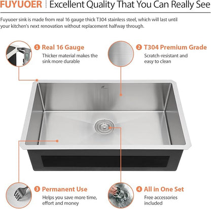 33 Inch Undermount Kitchen Sink - Fuyuoer 33x19 Inch Under Counter 16 Gauge Stainless Steel Single Bowl, 9'' Deep Basin with Round Corners