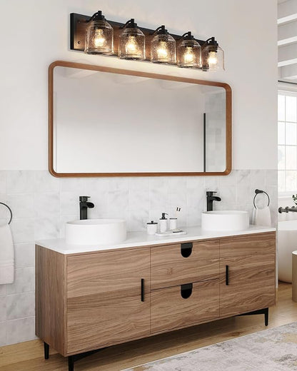 Vanity Lights for Bathroom Large 40", Farmhouse Rustic Vanity Light with Bubble Glass Shades, Brown 5 Light Bathroom Lighting Fixtures Over Mirror, Bath Wall Sconce Home Decor