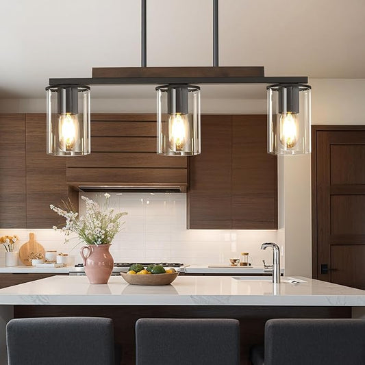 Mecgirn Farmhouse Dining Room Light Fixtures Over Table, Black Pendant Lights for Kitchen Island, 3 Light Linear Chandelier Lighting with Wood