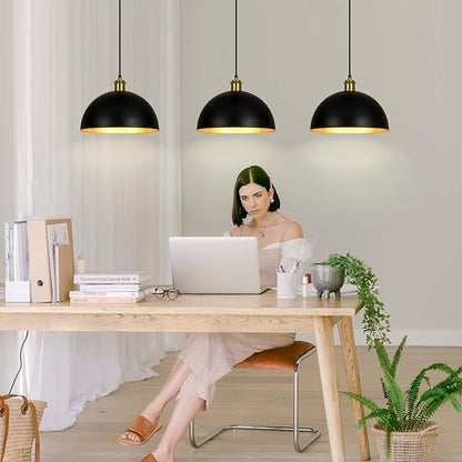 Pendant Lights Kitchen Island - 12-Inch Farmhouse Dome Hanging Light Fixture, Black and Gold Industrial Ceiling Light Adjustable Kitchen Pendant Lighting for Dining Room, Bedroom, Living Rooms