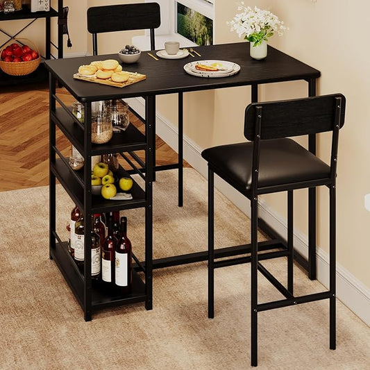 Dining Table Set for 2, 3-Piece Bar Table Set with 2 Stools, Space-Saving Counter Height Dining Set with 3-Tier Storage Shelves for Small Kitchens, Apartments, Breakfast Nooks