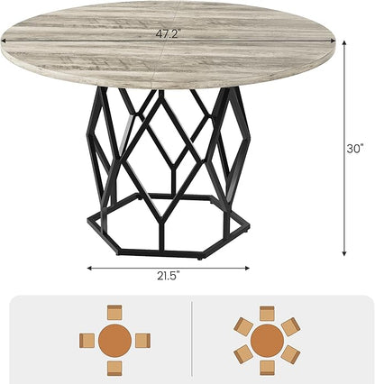 GarveeHome 47-inch Round Dining Table for 4-6 People, Farmhouse Kitchen Table with Diamond Metal Base, Industrial Wood Circle Dinner Table for Dining Room, Kitchen, Living Room, Grey