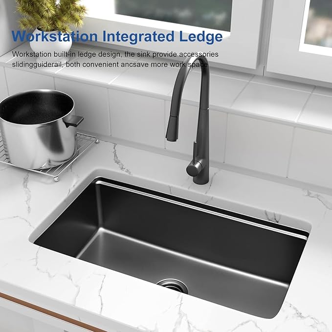 Black Kitchen Sink, 32 Inch Stainless Steel 32''×18'' ×9'' Undermount Single Bowl Workstation Black Kitchen Sink with Accessories