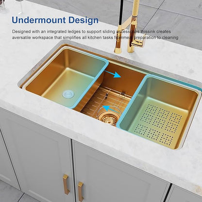 Gold Kitchen Sink, Single Bowl Drop in 32” x 18” Stainless Steel Gold Handmade Deep Kitchen Sink with Cutting Board and Drain Strainer