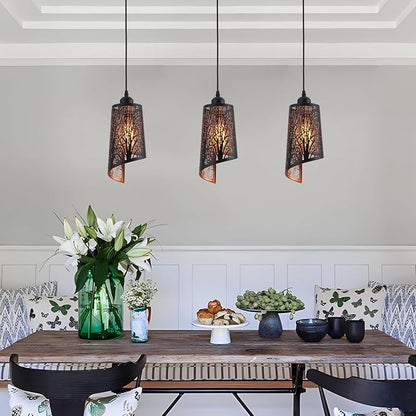 Industrial Black Pendant Light Fixture Vintage Mini Black Pendant Lighting with Gold Finish Rustic Hollow-Carved Small Pendant Light for Kitchen Island, Dining Room, Bedroom, 3 Pack
