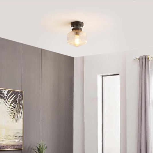 GLOBE Electric 66000078 1-Light Flush Mount Ceiling Light, Matte Black, Ribbed Clear Glass Shade, Modern Lighting for Bedroom, Living Room, Hallway, Kitchen, or Dining Room, Timeless Lights
