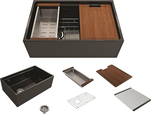 BOCCHI Contempo Workstation Apron Front Step Rim Fireclay 30 in. Single Bowl Kitchen Sink with Accessories in Black
