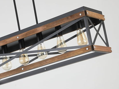 Rustic Farmhouse Plug in Kitchen Island Lighting, 6 Lights Rectangular Pendant Light Fixture with Adjustable Chain, Dimmable Switch, Oak Wood and Metal Linear Chandelier for Dining Room Home, Black