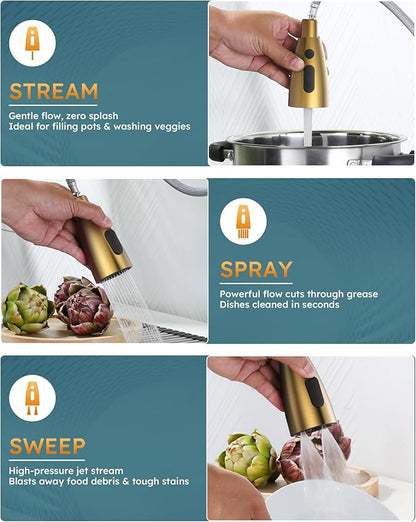Brushed Gold Kitchen Faucet with Soap Dispenser, WOWOW Stainless Steel Kitchen Faucet for Sink, Single Handle Luxurious Gold Kitchen Sink Faucet with Sprayer