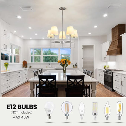 RUIYEY Dining Room Chandeliers Light - 5-Light Brushed Nickel Modern Chandeliers Light Fixtures with White Fabric Shade, Height Adjustable Pendant Island Lights for Entryway Farmhouse
