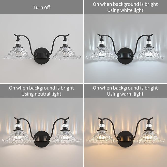 Vintage Bathroom Vanity Light Fixtures - 2 Light Antique Matte Black Bathroom Lights Fixture Over Mirror with Clear Flower Glass,Retro High End Wall-Mounted Vanity Lighting for Bath Powder Room