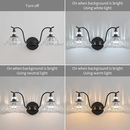 Vintage Bathroom Vanity Light Fixtures - 2 Light Antique Matte Black Bathroom Lights Fixture Over Mirror with Clear Flower Glass,Retro High End Wall-Mounted Vanity Lighting for Bath Powder Room