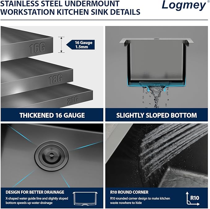 Logmey 15" Square Drop in Bar Sink,PVD Nano Gun Black 16 Gauge Stainless Steel,15x15x9 Workstation Sink for Kitchen Prep,RV,Wet Bar & Outdoor