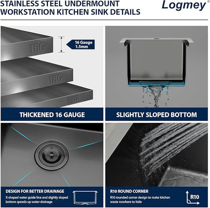 Logmey 15" Square Drop in Bar Sink,PVD Nano Gun Black 16 Gauge Stainless Steel,15x15x9 Workstation Sink for Kitchen Prep,RV,Wet Bar & Outdoor