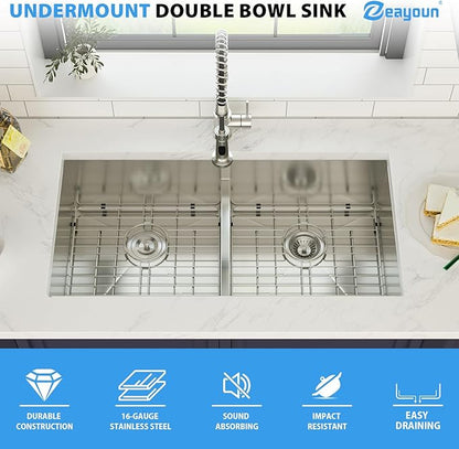 36 Inch Undermount Double Bowl Kitchen Sink 16 Gague 304 Stainless Steel Double Handmade Sinks 50/50 Large Deep Double Bowl Sinks 36"x19"x10"