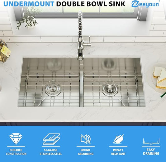 36 Inch Undermount Double Bowl Kitchen Sink 16 Gague 304 Stainless Steel Double Handmade Sinks 50/50 Large Deep Double Bowl Sinks 36"x19"x10"