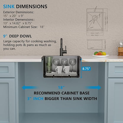 15"x20" Drop In Bar Prep Sink Workstation – Gunmetal Black NANO-PVD, 16 Gauge 304 Stainless Steel, Single Bowl Top Mount Wet Bar RV Outdoor Kitchen Sink with Faucet