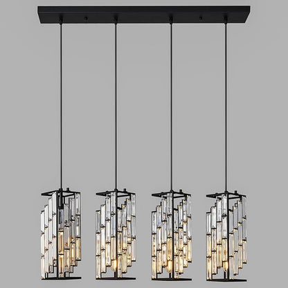 4-Light Adjustable Pendant Light, Modern Mini Crystal Chandelier with Black Metal Frame, Kitchen Island Lighting for Dining Room, Bedroom, Easy Installation