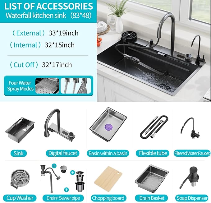 Smart Waterfall Kitchen Sink 33 Inch, Black Stainless Steel Workstation Sink with Digital Display Faucet, Drop In Single Bowl Kitchen Sink with Accessories, Modern Deep Kitchen Sink