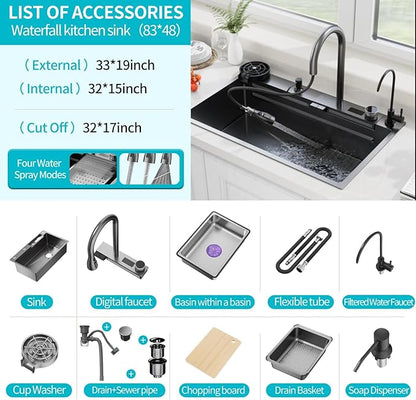 Smart Waterfall Kitchen Sink 33 Inch, Black Stainless Steel Workstation Sink with Digital Display Faucet, Drop In Single Bowl Kitchen Sink with Accessories, Modern Deep Kitchen Sink