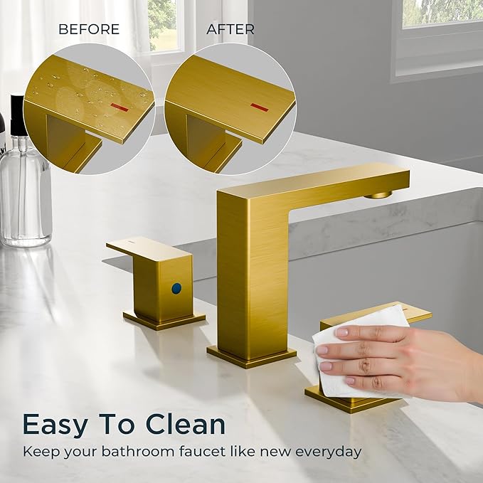 FORIOUS Brushed Gold Bathroom Faucet 3 Hole, 8 Inch Widespread Square Bathroom Sink Faucet with Metal Pop-Up Drain and cUPC Supply Lines Included for Restroom, Lavatory, Basin, Restroom and Mall