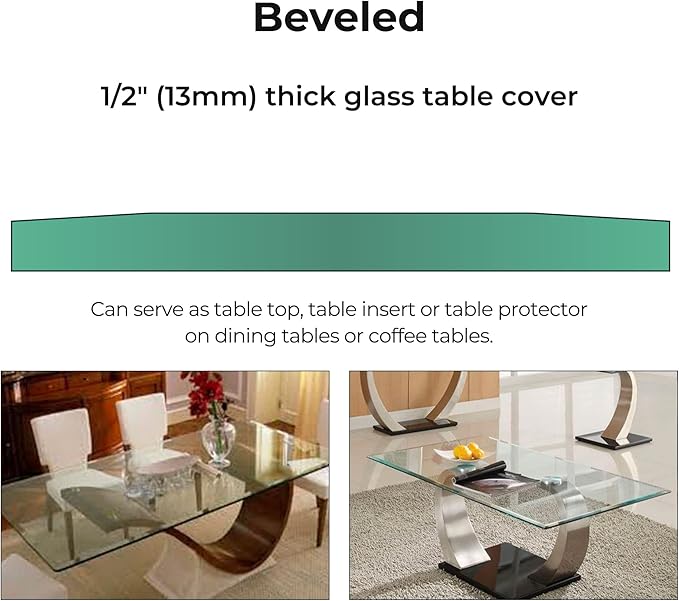 Fab Glass and Mirror Rectangle Tempered Glass Table Top - 1/2 Inch Thick Beveled Edge Clear Glass with Polished Radius Corners - Dining Coffee Table Replacement Surface - 16" x 60"