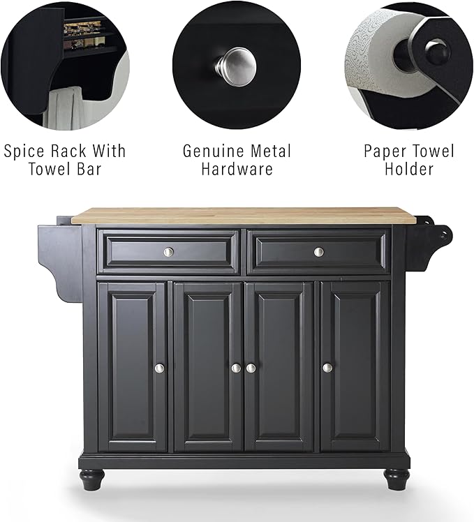 Crosley Furniture Cambridge Wood Top Rolling Kitchen Island Storage Cart, Microwave Stand, Spice Rack, Black