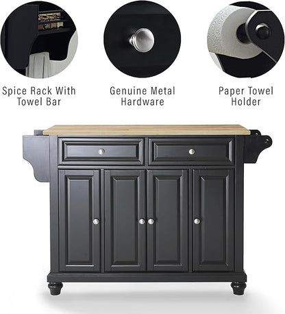 Crosley Furniture Cambridge Wood Top Rolling Kitchen Island Storage Cart, Microwave Stand, Spice Rack, Black