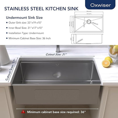Kitchen Sinks 33x19 inch Workstation Undermount Sink Stainless Steel Sink 16 Gauge Single Bowl Kitchen Sinks with Accessories