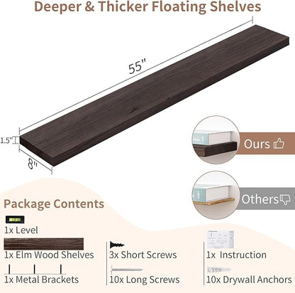 Axeman Floating Shelves for Wall, Rustic Elm Wood 56'' W x 8" D Wall Shelf with Invisible Bracket, Large Long Wall Mounted Storage Shelves for Living Room, Bedroom, Kitchen, Bathroom Decor, Walnut