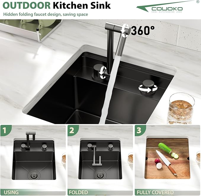 16x17 Inch Outdoor Sink Black Undermount RV Sink Workstation NANO PVD 16 Gauge Stainless Steel Single Bowl Handmade Outdoor Kitchen Sinks With Folding Faucet 16"x17"x9"