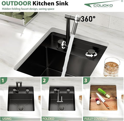 16x17 Inch Outdoor Sink Black Undermount RV Sink Workstation NANO PVD 16 Gauge Stainless Steel Single Bowl Handmade Outdoor Kitchen Sinks With Folding Faucet 16"x17"x9"