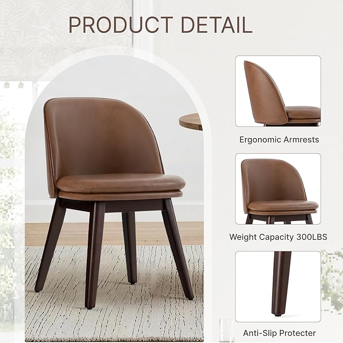 KISLOT Wooden Dining Chairs Set of 2, Faux Leather Upholstered Modern Dining Room Chairs with Double-Layer Thick Seat Cushion & Ergonomic Backrest for Restaurant, Kitchen and Café, Brown