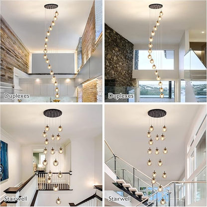 SZXYKEJI 16 Light Chandelier Mid Century Glass Globe Staircase Long Pendant Light Fixture Large Chandeliers for High Ceiling Light LED Bulbs for Living Room Foyer Hallway