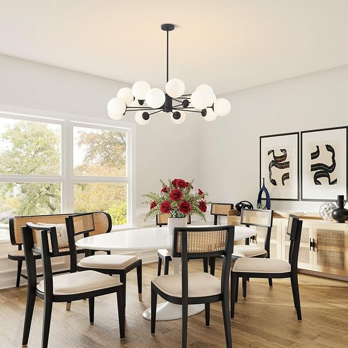 KCO Lighting Modern 16-Light Milk Glass Ball Chandelier Matte Black Globe Sputnik Chandelier Ceiling Mount Mid Century Modern Chandelier Kitchen Island Dining Room Light Fixture (Black+White)