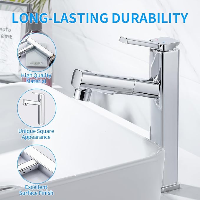 HANLIAN Single Hole Bathroom Pull Out Faucet with Rotating Spout, One Handle Faucet for Bathroom Sink, Modern Bathroom Faucet with Pull Down Sprayer, 3 Modes Vanity Faucets (Tall, Chrome)