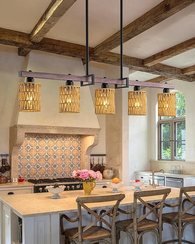 5-Light harmhouse Kitchen Island Light Fixture, Linear Chandelier for Dining Room, 5-Light Rustic Pendant Light Over Table, Handmade Woven Farmhouse Wicker Chandelier