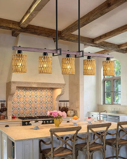5-Light harmhouse Kitchen Island Light Fixture, Linear Chandelier for Dining Room, 5-Light Rustic Pendant Light Over Table, Handmade Woven Farmhouse Wicker Chandelier