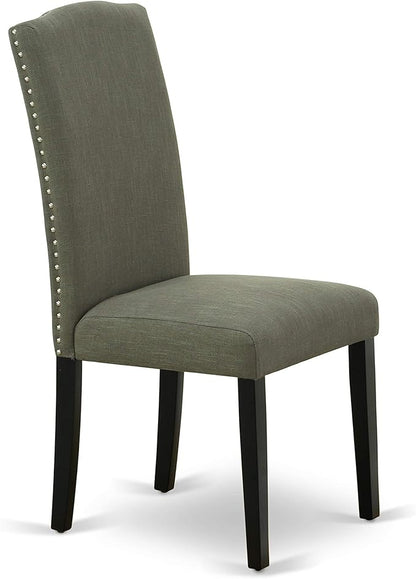 East West Furniture ENP1T20 Encinal Parson Dining Room Chairs - Nailhead Trim Dark Gotham Linen Fabric Padded Chairs, Set of 2, Black