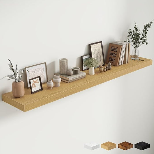 Fun Memories 72 Inch Fireplace Mantel Shelf, 12 Inch Deep Shelves for Display & Wall Storage, Rustic Wood Wall Shelf, Extra Long Floating Shelves for Living Room Laundry Room, Oak, Set of 1