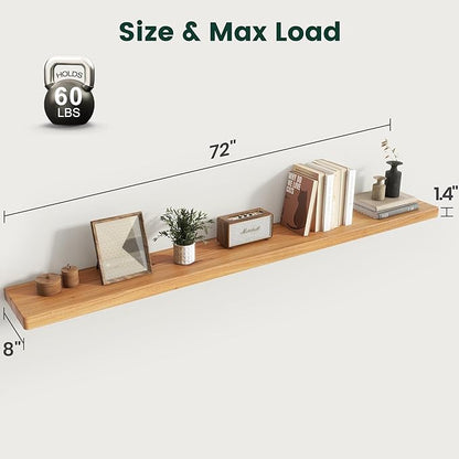 72 Inch Flat Edge Floating Shelves, 8 Inch Deep Solid Elm Wood Wall Shelf, Heavy-Duty Wall Mounted Shelf with Invisible Brackets for Living Room, Bathroom, Kitchen, Set of 1, Natural Color