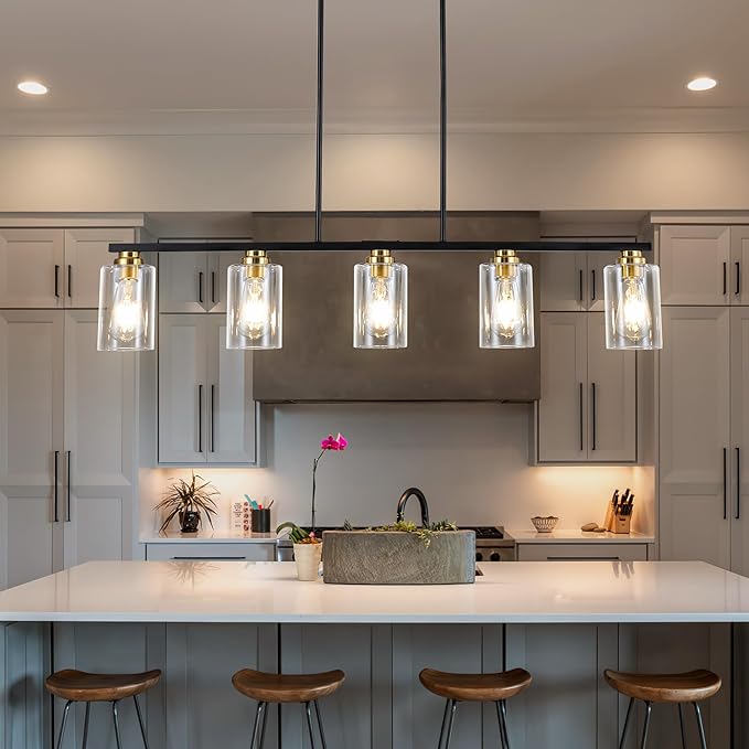 Mecgirn Island Light for Kitchen, Black and Gold Dining Room Light Fixture Over Table, 5-Light Linear Chandelier Pendant Lighting for Dining Table Kitchen Island Living Room