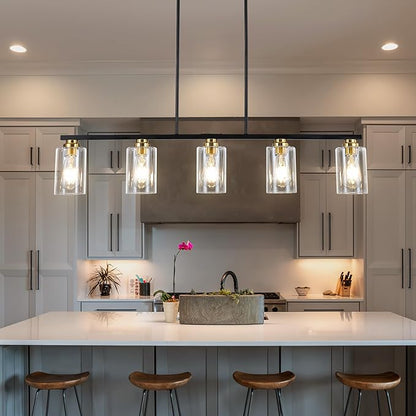 Mecgirn Island Light for Kitchen, Black and Gold Dining Room Light Fixture Over Table, 5-Light Linear Chandelier Pendant Lighting for Dining Table Kitchen Island Living Room
